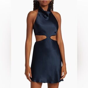 Amanda Uprichard 100% Silk Kaye Halter Cutout Mini Dress Size M Ink Blue Satin